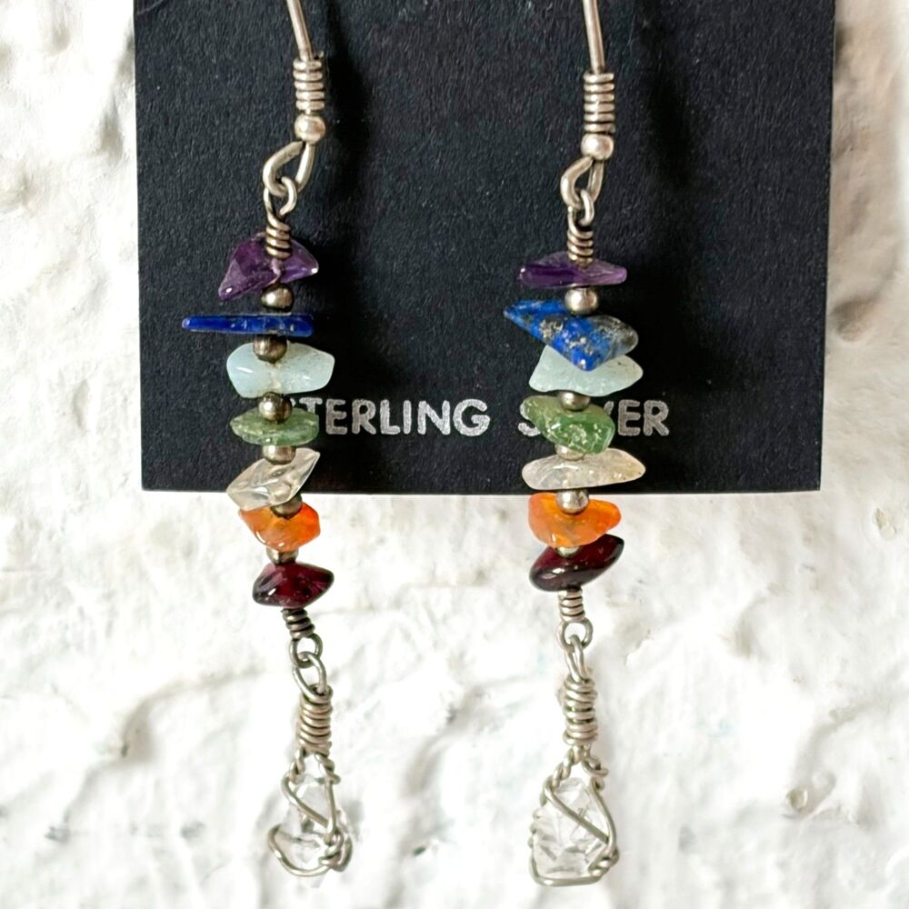 Rainbow Chakra Natural Gemstones and Sterling Silver Dangle Earrings 2.5"